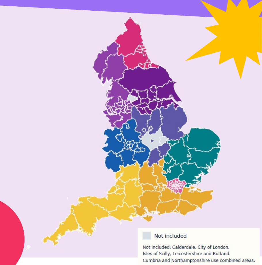 Map of England showing the regional and local authority areas included in the forecasts